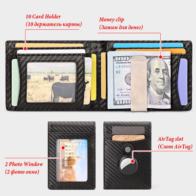 Retro Cowhide Leather AirTag Wallet Bifold RFID Blocking Card Holder