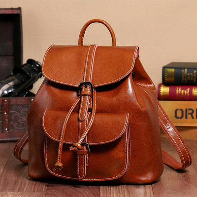 Classic Daypack For Women Outing Drawstring Clamshell Leather Backpack
