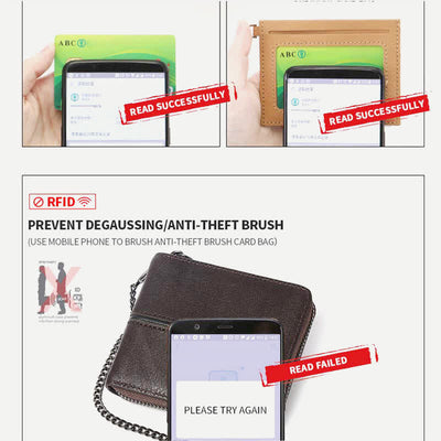 Genuine Leather Zip Around RFID Blocking Bifold Wallet with Chain
