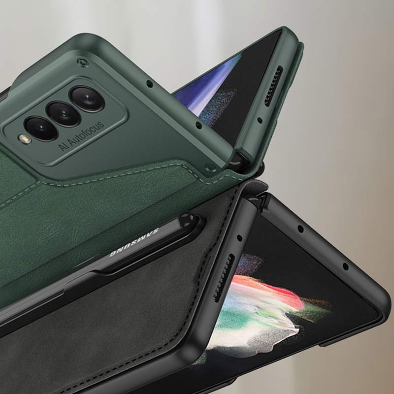 Leather Wallet Case For Galaxy Z Fold 3/4 With Removable S Pen Holder Kickstand