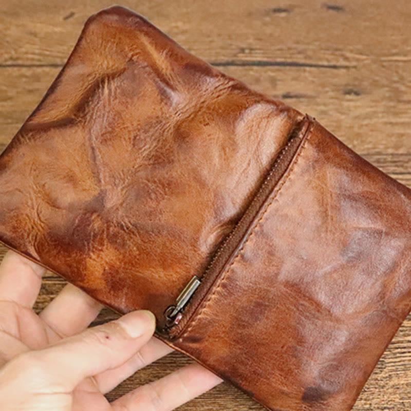 Vegetable Tanned Leather Wallet Women Men Retro Vertical Multifunctional Purse