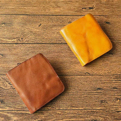 Leather Wallet For Men Double Folding Vintage Short Zipper Purse