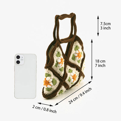 Cat Head Handle Crochet Handbag Cute Floral Purse For Women