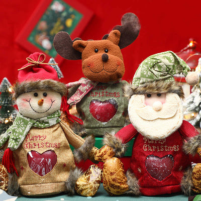 3Pcs Linen Christmas Apple Bags Set Zipper Holiday Candy Gift Bag