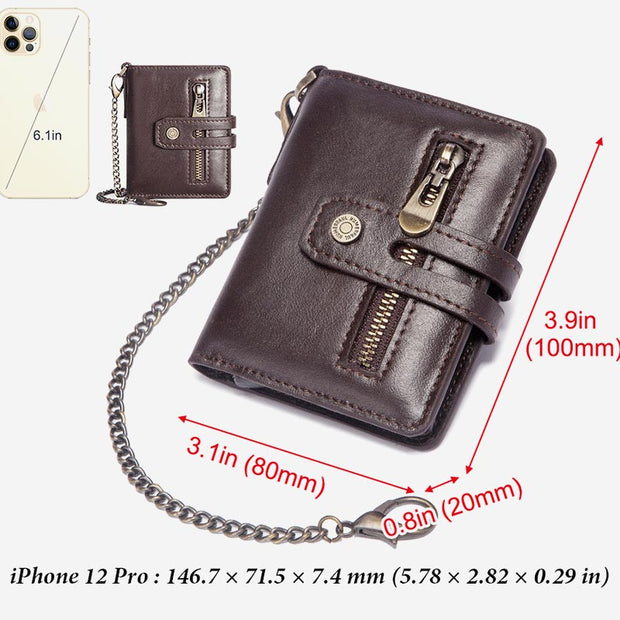 RFID Genuine Leather Business Short Wallet With Chain