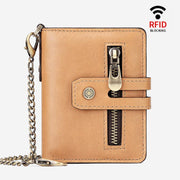 RFID Genuine Leather Business Short Wallet With Chain