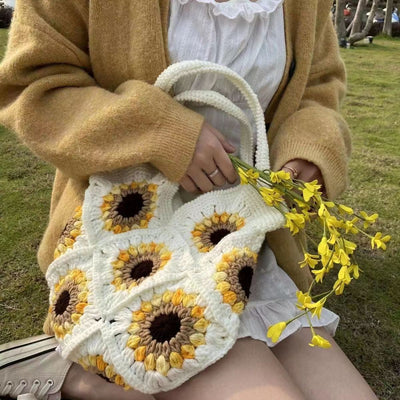 Cute Sunflower Handbag Crochet Hand Woven Shoulder Bag For Women