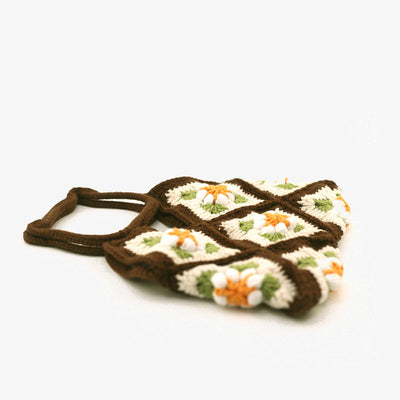 Cat Head Handle Crochet Handbag Cute Floral Purse For Women