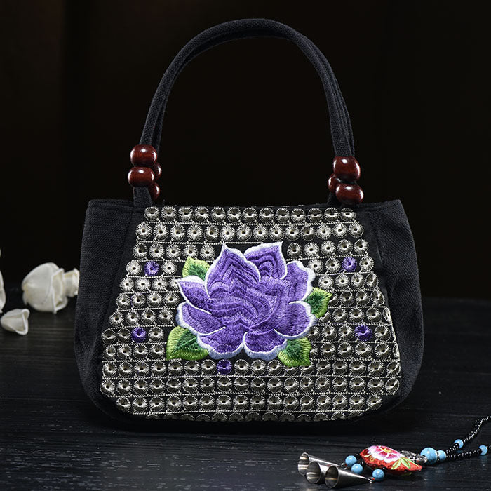 Flower Embroideried Small Canvas Handbag For Women Ethnic Tote