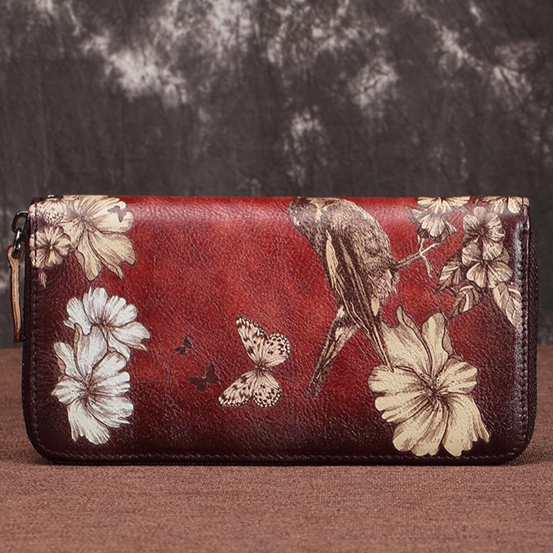 Genuine Leather Large Capacity Floral Printed Vintage Wallet