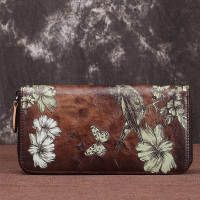 Genuine Leather Large Capacity Floral Printed Vintage Wallet