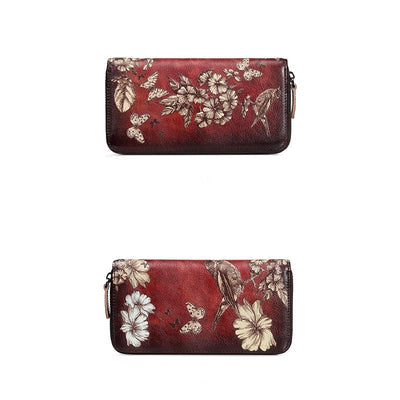 Genuine Leather Large Capacity Floral Printed Vintage Wallet