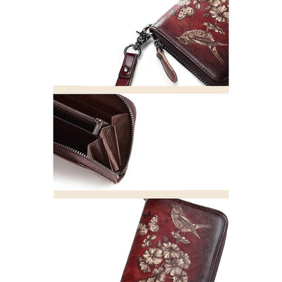 Genuine Leather Large Capacity Floral Printed Vintage Wallet