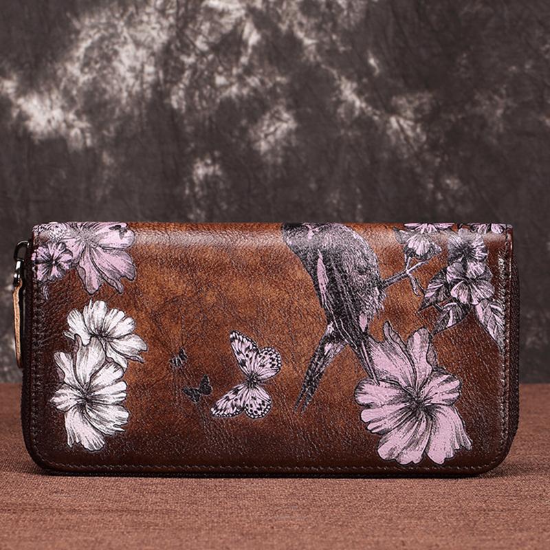 Genuine Leather Large Capacity Floral Printed Vintage Wallet