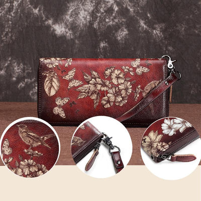 Genuine Leather Large Capacity Floral Printed Vintage Wallet