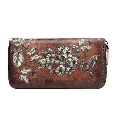 Genuine Leather Large Capacity Floral Printed Vintage Wallet