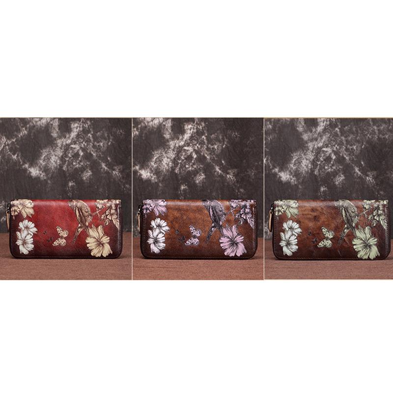 Genuine Leather Large Capacity Floral Printed Vintage Wallet