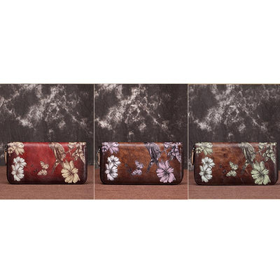 Genuine Leather Large Capacity Floral Printed Vintage Wallet