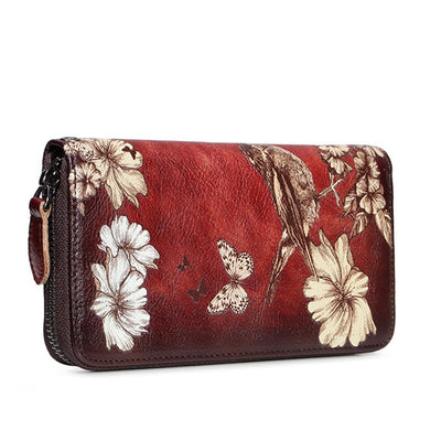Genuine Leather Large Capacity Floral Printed Vintage Wallet