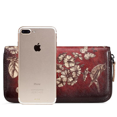 Genuine Leather Large Capacity Floral Printed Vintage Wallet