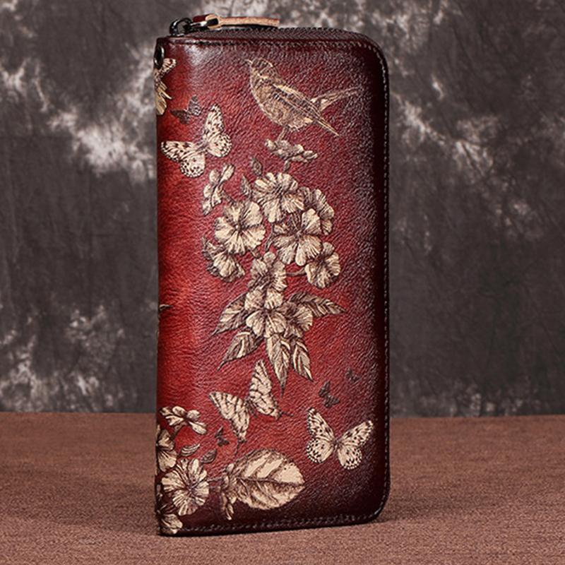 Genuine Leather Large Capacity Floral Printed Vintage Wallet