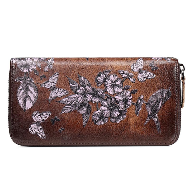 Genuine Leather Large Capacity Floral Printed Vintage Wallet