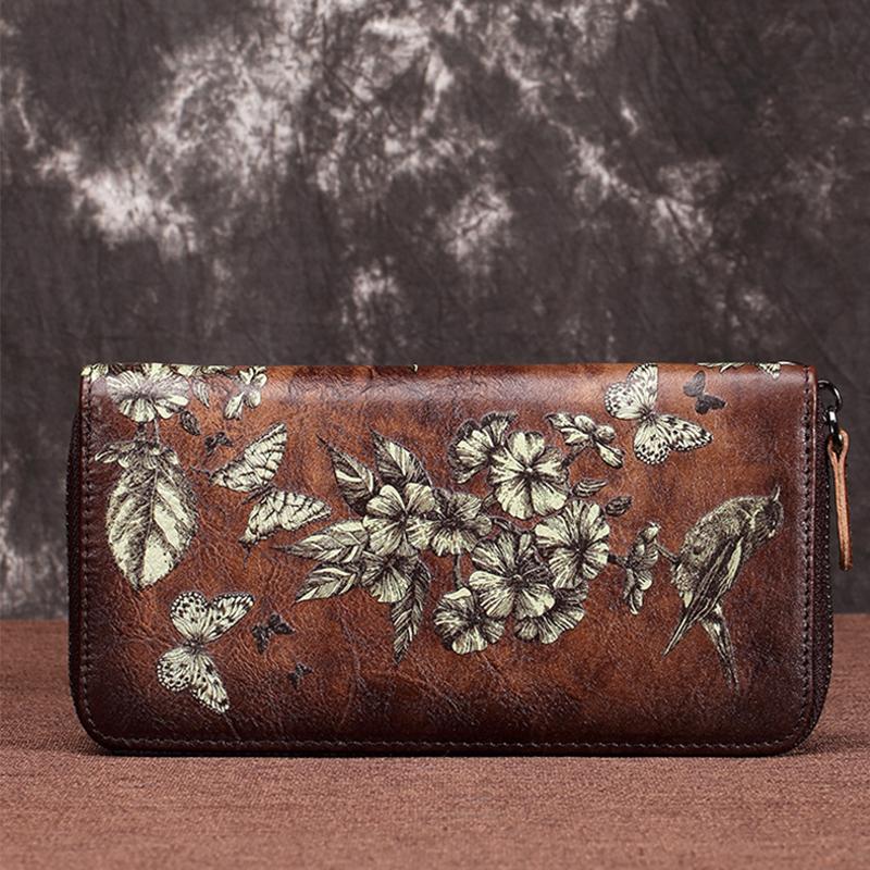 Genuine Leather Large Capacity Floral Printed Vintage Wallet