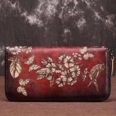 Genuine Leather Large Capacity Floral Printed Vintage Wallet