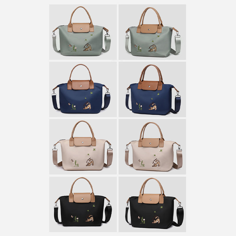 Classic Tote For Women Cute Embroideried Cat Nylon Crossbody Bag