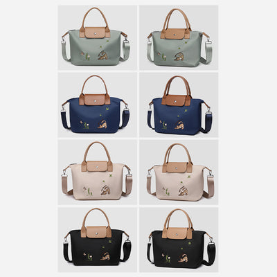 Classic Tote For Women Cute Embroideried Cat Nylon Crossbody Bag