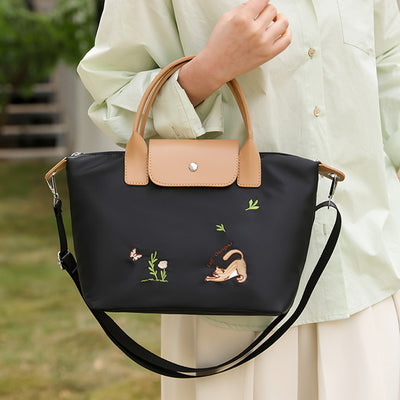 Classic Tote For Women Cute Embroideried Cat Nylon Crossbody Bag
