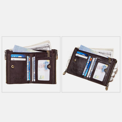 RFID Blocking Bifold Wallet Retro Cowhide Leather Wallet with Chain