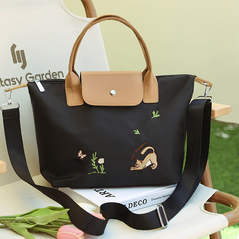 Classic Tote For Women Cute Embroideried Cat Nylon Crossbody Bag