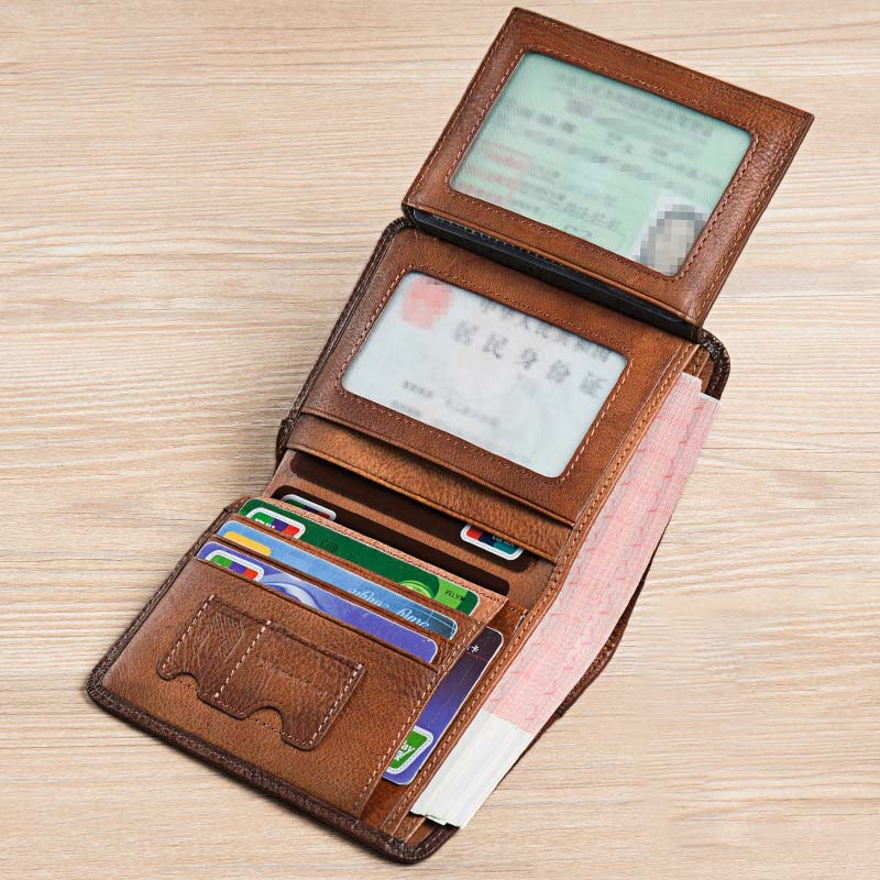 Retro Leather Wallet for Men Filp Bifold Short Wallet with Multi-Slot