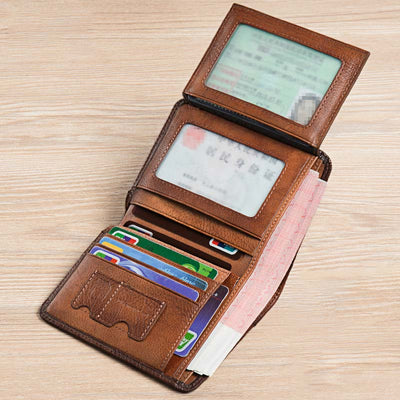Retro Leather Wallet for Men Filp Bifold Short Wallet with Multi-Slot